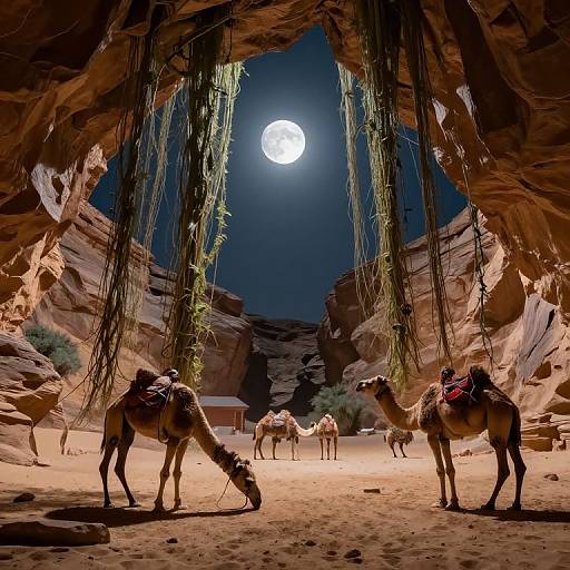 Photograph of a moonlit desert cave entrance with hanging greenery, two camels in foreground, and several camels in background.