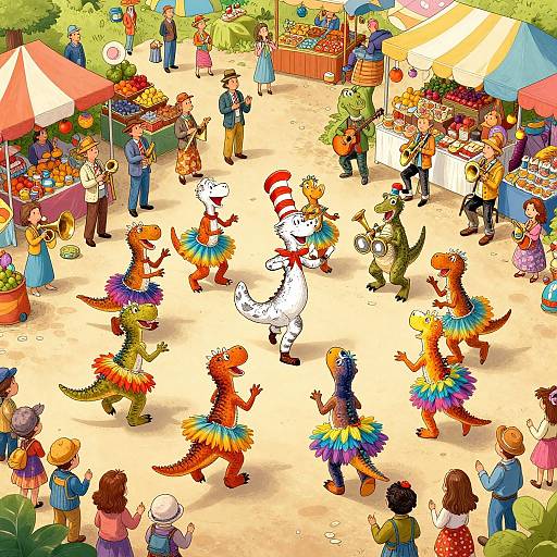 Colorful cartoon festival: Dinosaur and snowman dancers in rainbow skirts, musicians, vendors, and children under vibrant tents and sunny skies.