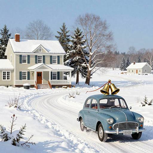 Photograph of a snowy suburban scene with a blue vintage car, bell on roof, and two-story house, surrounded by snow-covered trees and a bright