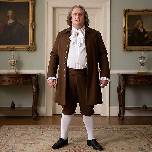 Photograph of a middle-aged man with shoulder-length gray hair, wearing 18th-century brown coat, white shirt, brown breeches, white stockings
