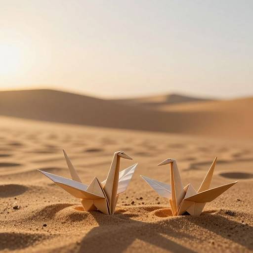 Photograph of two paper cranes standing in golden desert sand at sunset, with soft shadows and distant dunes in the background.