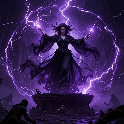 Dark Sorceress Amidst Purple Lightning
