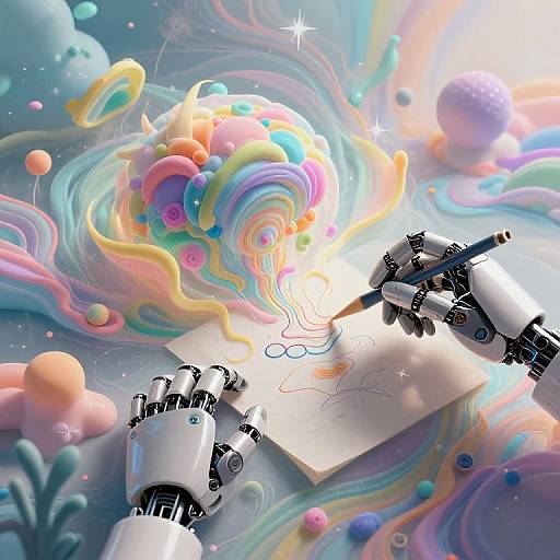 Digital art: Two robotic arms draw colorful, swirling pastel flowers on paper, surrounded by floating balloons and rainbow waves, in a whimsical, dream