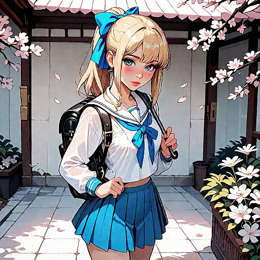Anime-style digital drawing of a blonde girl with blue eyes, wearing a blue ribbon, white sailor uniform, and blue skirt, standing in a cherry blossom
