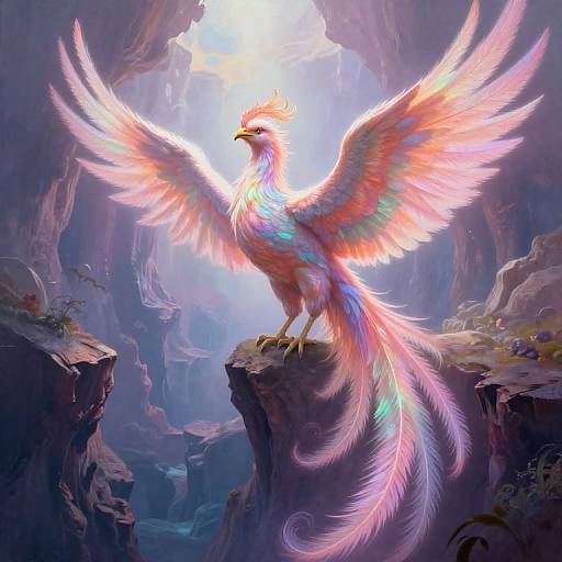 Digital fantasy artwork of a radiant, multi-colored phoenix with glowing wings standing on a cliff in a mystical, cavernous landscape.