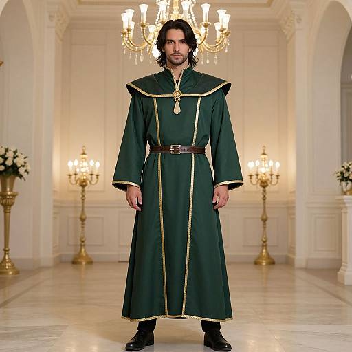 Photograph of a man with dark hair and beard, wearing a long dark green robe with gold trim and a brown belt, standing in an elegant,