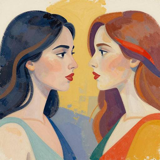 Digital painting of two women with fair skin, black and red hair, facing each other, red lips, colorful background, yellow center.