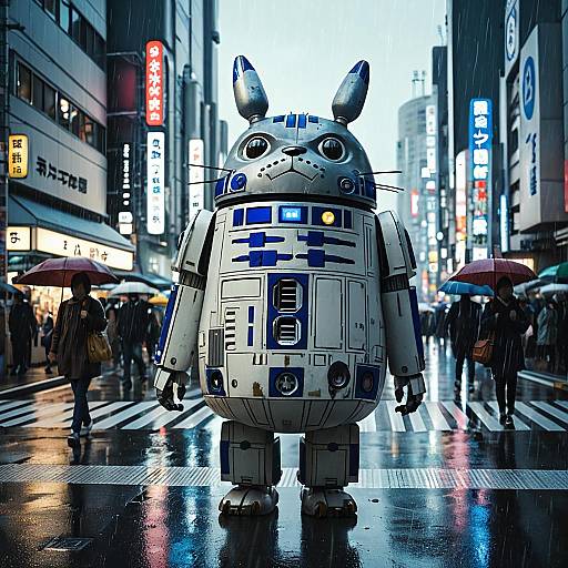 Totoro R2-D2 Mech Character in Rainy Tokyo Crosswalk
