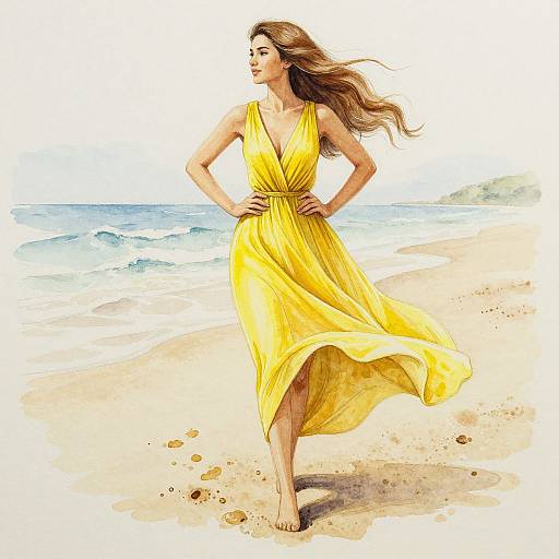 Digital illustration of a woman with long brown hair in a flowing yellow dress, standing on a sandy beach with gentle waves in the background, hands on hips