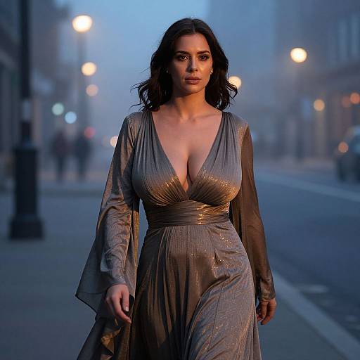 Photograph of a dark-haired woman with fair skin, wearing a deep V-neck, shimmering grey dress, walking on a misty, blue-l