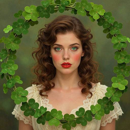 Photorealistic digital portrait of a fair-skinned woman with curly brown hair, red lipstick, green eyes, wearing a white lace dress, framed by