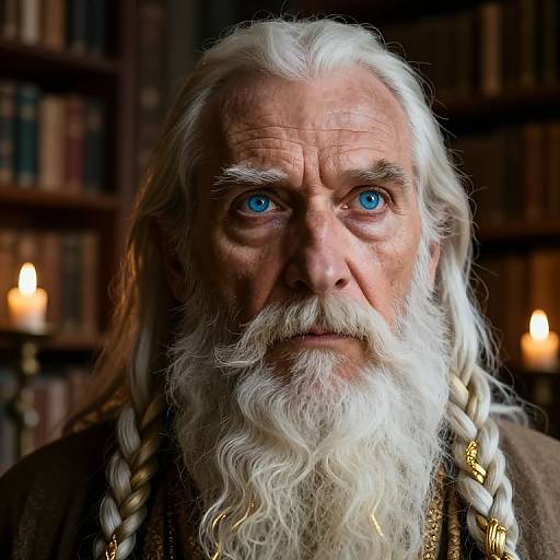 Photograph of an elderly man with long white braided beard, blue eyes, and intense gaze, standing in a dimly lit library with candles in