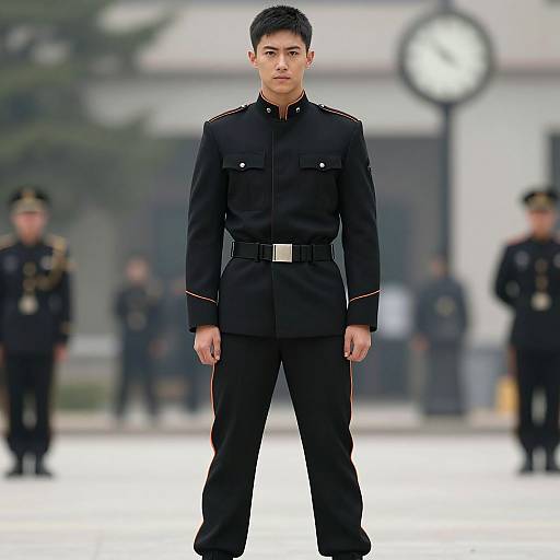 Photograph of a young Asian man in a black military uniform with red trim, standing confidently in front of a blurred background with other soldiers and a clock