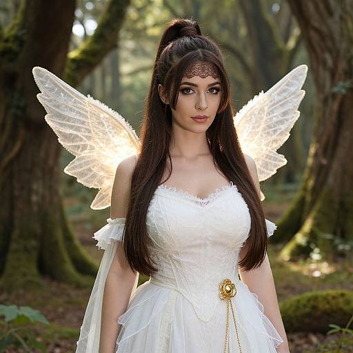 Photograph of a fair-skinned woman with long dark hair in a high ponytail, wearing a white lace dress and glowing, transparent fairy wings,