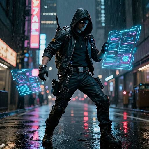 Cyberpunk street scene: hooded, masked man in black tactical gear holds glowing blue holographic screens, standing in rainy city alley with neon lights