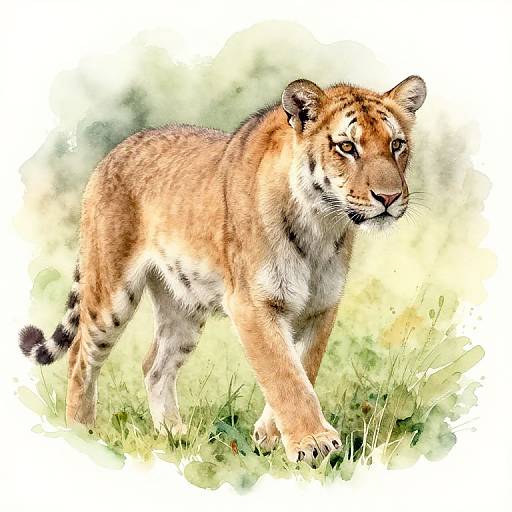 Digital painting of a golden-tawny cougar with white underbelly, black-tipped tail, and intense gaze, walking through a grassy,