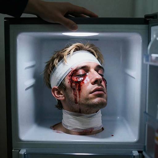 Macabre Refrigerator Scene with Disfigured Head
