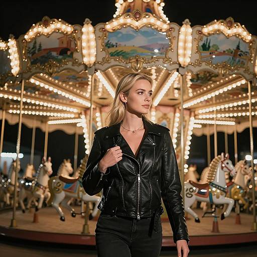 Blonde Woman by Vintage Carousel at Night