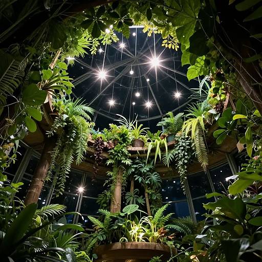 Photograph of a lush, tropical greenhouse interior with vibrant green plants, star-shaped LED lights, and a dome ceiling, illuminated by bright, white lights