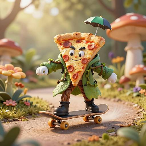 Mischievous Pizza Skateboarder in Garden