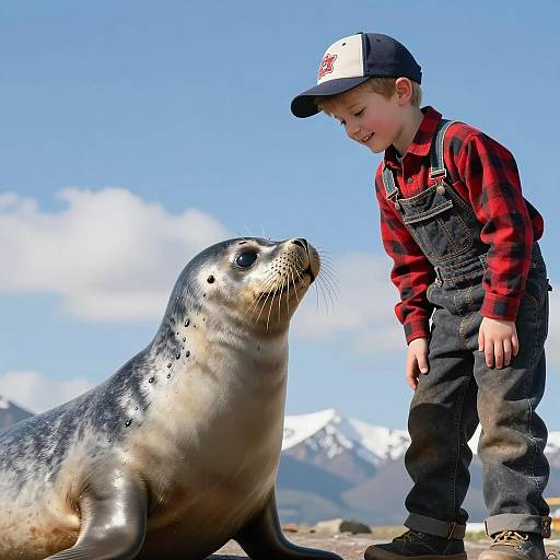 Joyful Encounter: Boy and Seal Outdoors