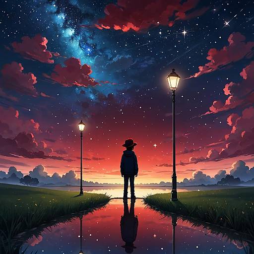 Boy Standing Under Starry Night Sky with Lampposts