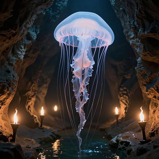 Photograph of a glowing blue jellyfish with translucent tentacles in a dark cave illuminated by four flickering torches.