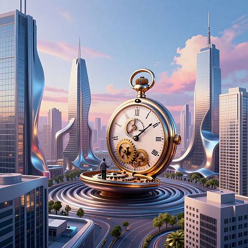 Giant, gold, pocket watch with gears, set in futuristic cityscape, surrounded by sleek skyscrapers, illuminated at sunset. Digital art.
