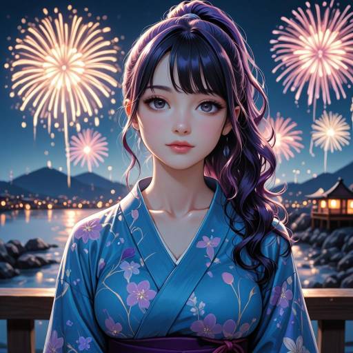 Girl in Kimono Enjoying Fireworks Display