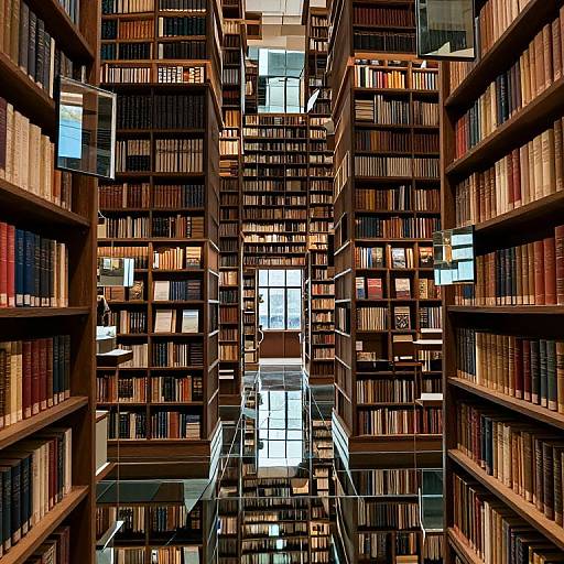 Photograph of a modern library with towering wooden bookshelves filled with colorful books, ascending to a bright skylight in the center.