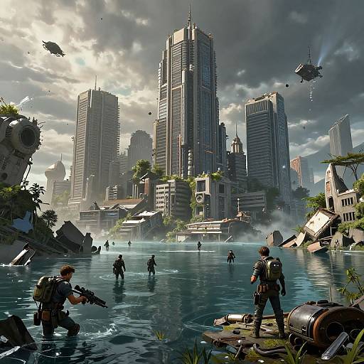 Digital artwork: Post-apocalyptic cityscape with towering skyscrapers, overgrown ruins, and soldiers in tactical gear wading through a flooded, debris