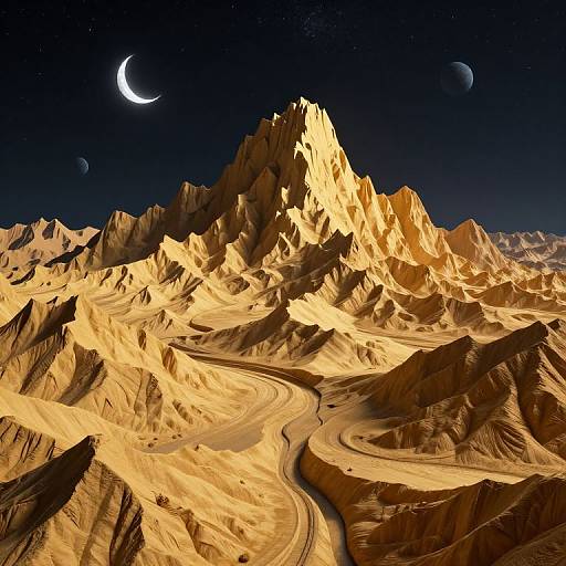 3D Golden Mountains Under Cosmic Night