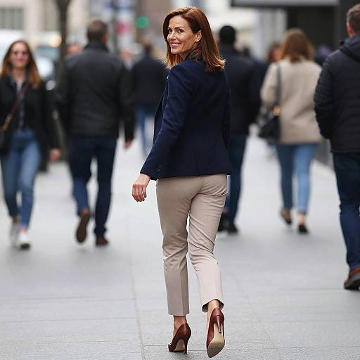 Photograph of a smiling woman with brown hair in a navy blazer and beige pants, walking in a busy urban street, blurred pedestrians in the background