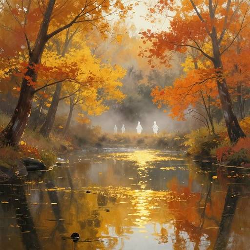 Digital painting of a serene autumn forest with vibrant orange and yellow leaves, reflecting on a calm, sunlit river. Silhouetted white deer stand