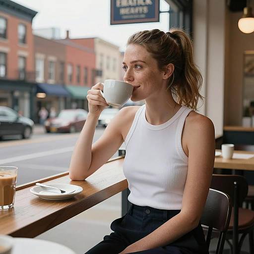 Cheerful Woman Enjoying Coffee Outdoors