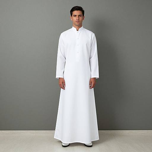 Photograph of a young South Asian man with short black hair, wearing a long white traditional tunic, standing against a plain gray wall and white tile