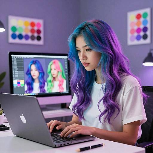 Woman Editing Hair Color on Laptop