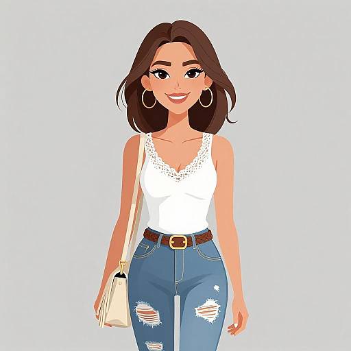 Digital illustration of a smiling woman with medium-length dark brown hair, wearing a white lace tank top, blue distressed jeans, and large hoop earrings, carrying