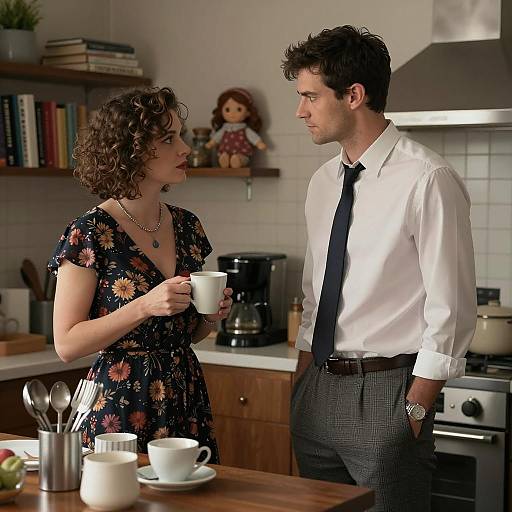 Couple in Kitchen Having Serious Conversation