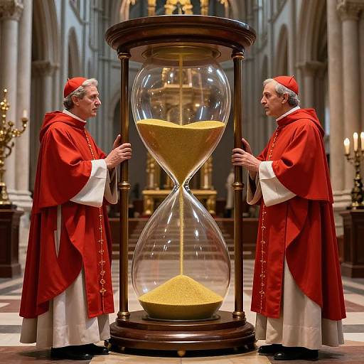 Photograph: Two Catholic cardinals in red robes and white cassocks standing beside a giant hourglass filled with sand, inside a grand, lit cathedral