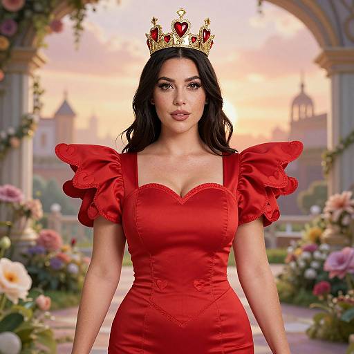 Photograph-like digital art of a beautiful woman with long black hair, wearing a red, puffed-sleeve dress, and a golden heart-ad