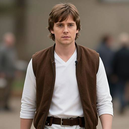 Photograph of a young man with brown hair, wearing a white V-neck shirt and brown vest, standing outdoors with a blurred background. Casual, slightly