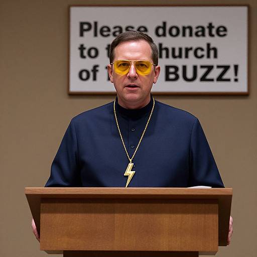 Photograph of a male Catholic priest with short brown hair, wearing yellow sunglasses, black robe, and gold lightning bolt necklace, speaking at a wooden podium