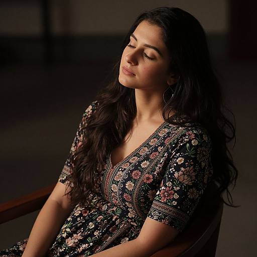 Photograph of a serene South Asian woman with long dark hair, closed eyes, and floral-patterned black dress, softly lit in dim light.