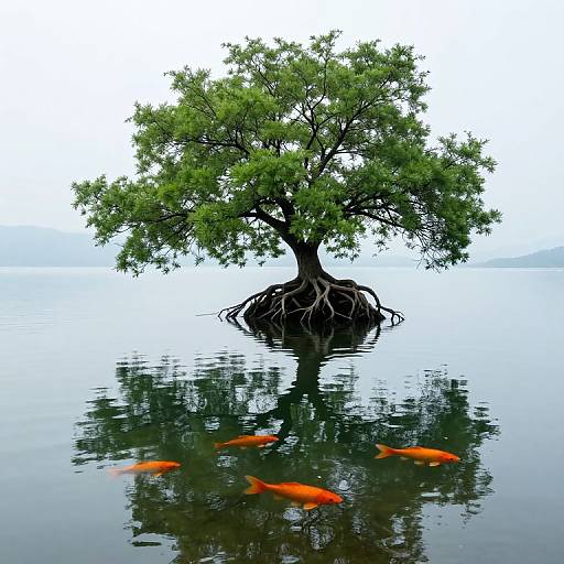 Serene Tree Island with Orange Fish
