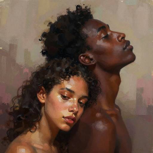 Digital painting of a dark-skinned, curly-haired woman resting her head on a dark-skinned, curly-haired man's shoulder, both with closed eyes