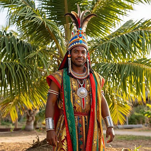 Photograph of a muscular African man in traditional, colorful, ornate tribal attire with a feathered headdress, large silver necklace, and vivid red