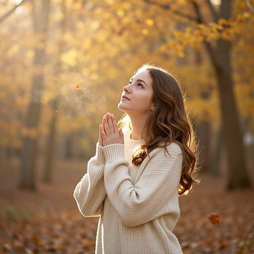 Thankful Woman in Autumn Forest