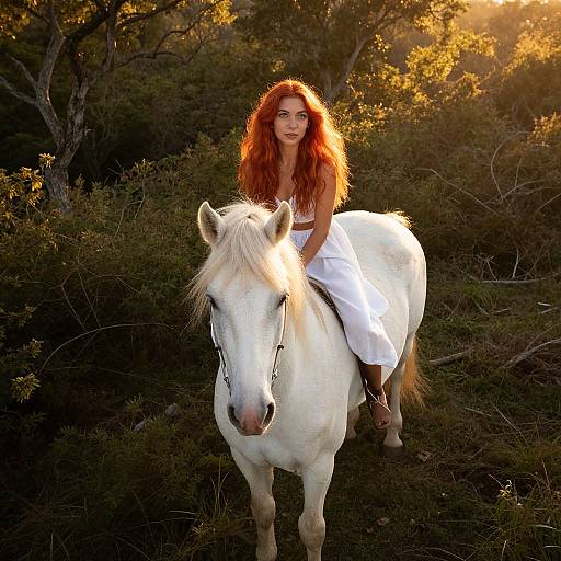 Photograph of a red-haired woman with long hair, wearing a white dress, riding a white horse in a sunlit forest.