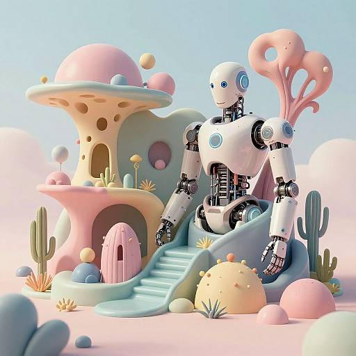 CGI image of a white, robotic humanoid with blue eyes standing in front of a pastel-colored, dome-shaped, futuristic desert house.